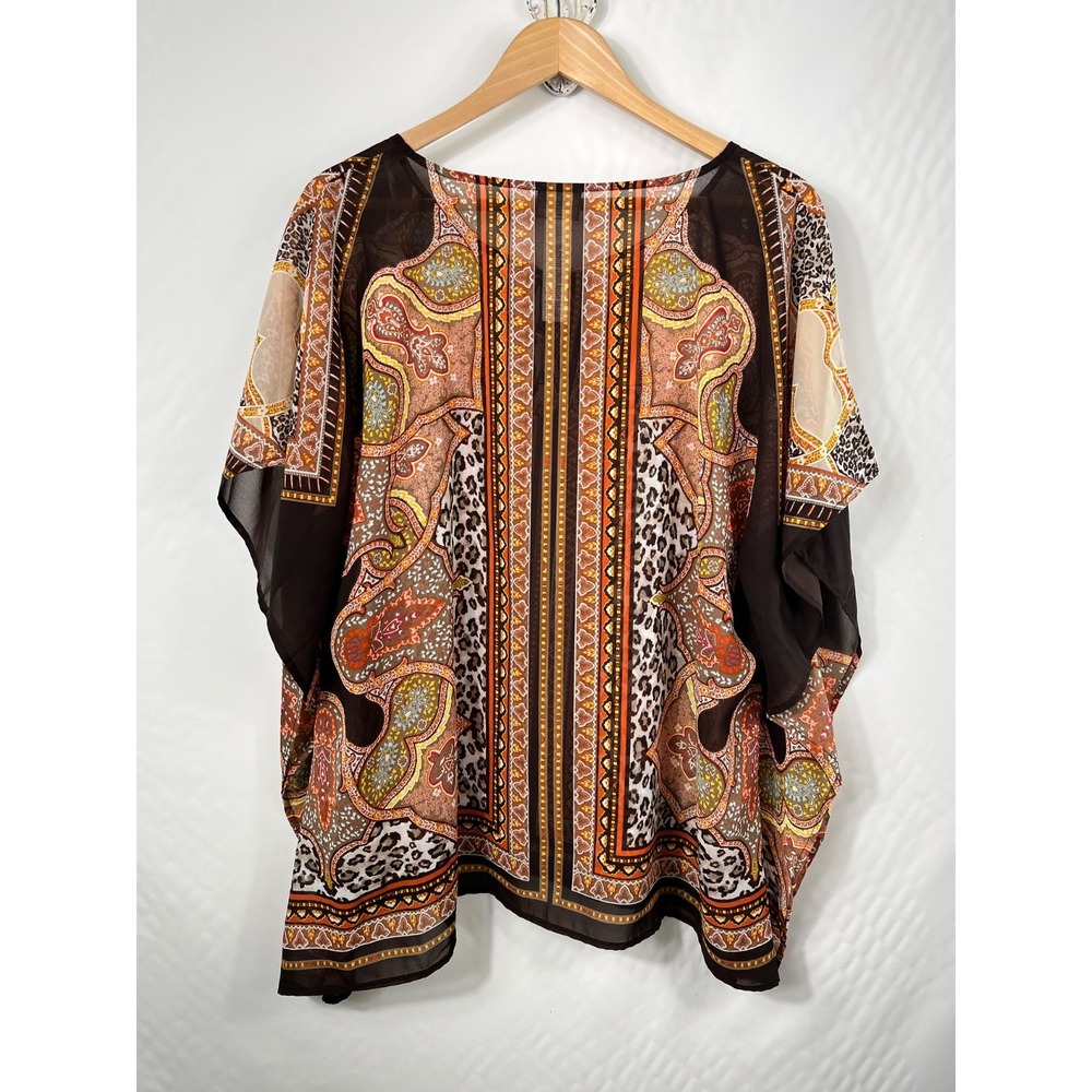 Chico's S/M Fall Colors Floral Artsy Flowy Drape Kaftan Top Boho Resort - Picture 4 of 10